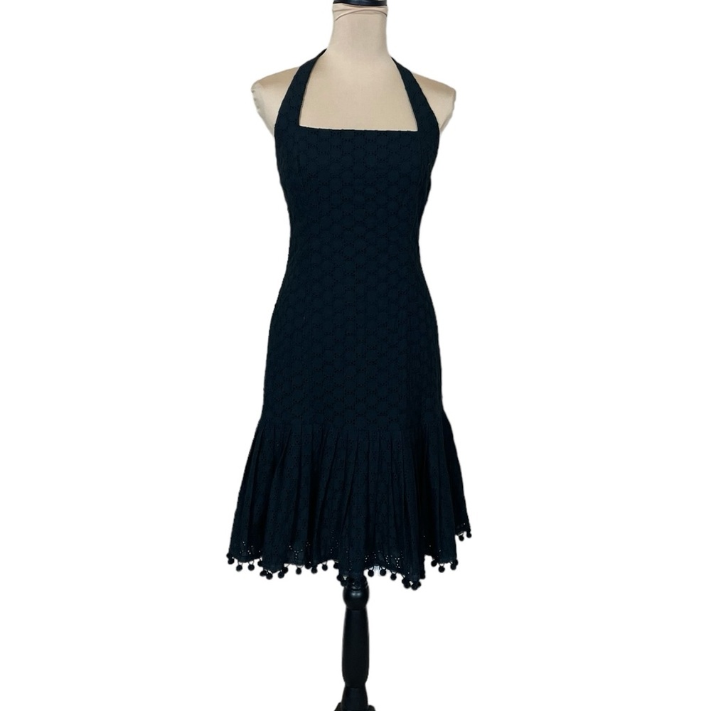 EUC Maggy London Halter Eyelet Dress Black Cotton Pleated Pom Pom Hem